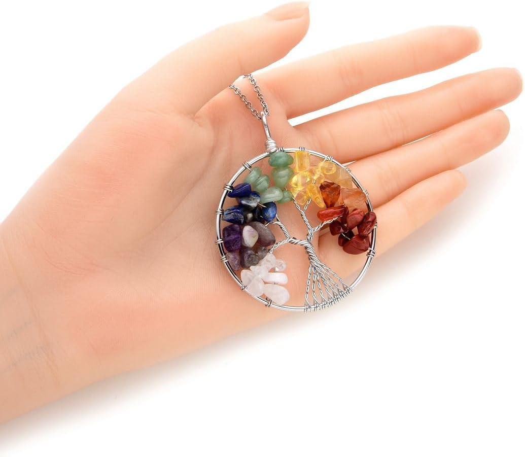 1pc Tree of Life Gemstone Pendant Necklace Symbol of Growth Rebirth 26 Inch 30 Inch Chakras Crystal Stones Stainless Steel Chain Waterproof Women Jewelry