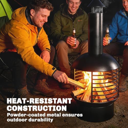 Outsunny Outdoor Fire Pit, Portable Wood Burning Firepit with Poker, Charcoal Grid, Modern Chimney Design Fireplace for Patio Garden Backyard Bonfire, Black - 3