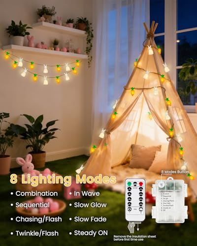 Image of YIQU Easter Decoration String Lights, 10FT 12LED Bunny Carrot Mantel Garland Battery Operated with Remote Timer 8 Modes, Hemp Rope Banner for Fireplace Table Wall Spring Party Indoor Outdoor Decor