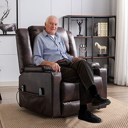 Comhoma Power Lift Recliner Chairs For Elderly Big Heated Massage Recliner Sofa Pu Leather With Infinite Position 2 Side Pockets And Cup Holders (Brown) #TOP1