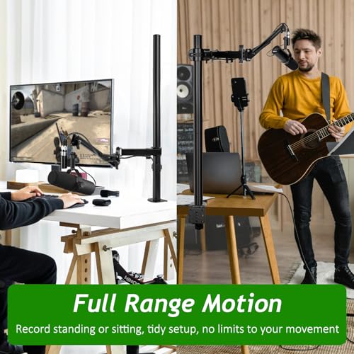 Image of Mic Boom Arm, Adjustable Height Overhead Microphone Stand with Heightened Extension Riser for Shure SM7B Blue Yeti HyperX QuadCast S and other Mic