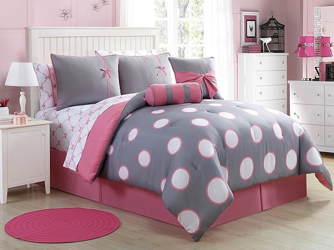 vcny home - twin size bed-in-a-bag, reversible comforter with matching bed sheets, pillowcase, sham, decorative pillows & bedskirt, medium-weight bedding (mina collection, 8-piece)