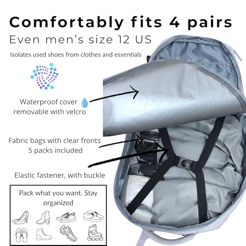 Travel Shoe Bag with 5 Cloth Shoe Bags for Traveling-Shoe Backpack Storage with Compartment for 4 Pairs-Waterproof, Multi-Use Pockets Carry on Shoe Travel Case for Clothes, Gadgets & More (Black)2