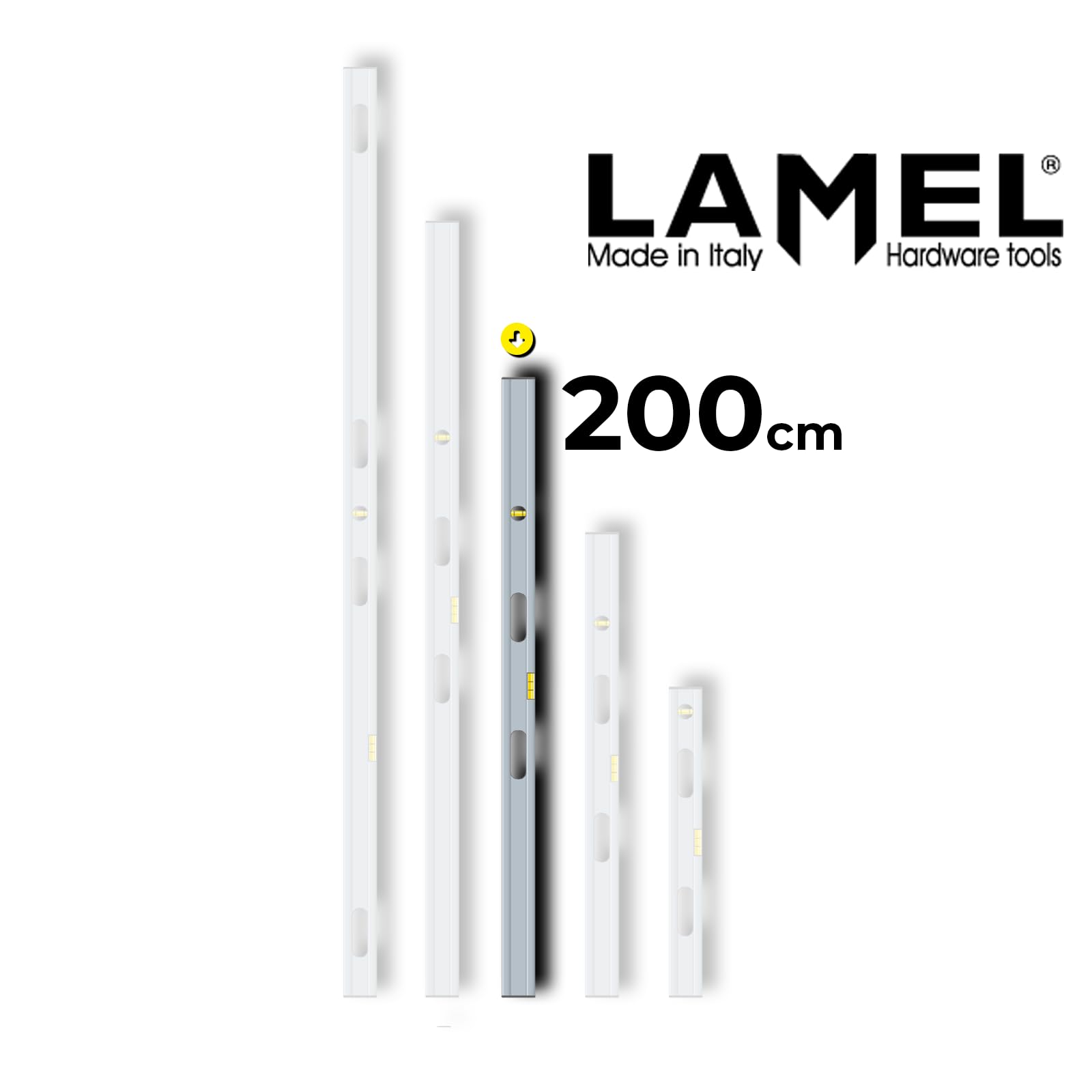 LAMEL Nivel con burbujas y asas, 200 cm, de aluminio anodizado, perfil reforzado.