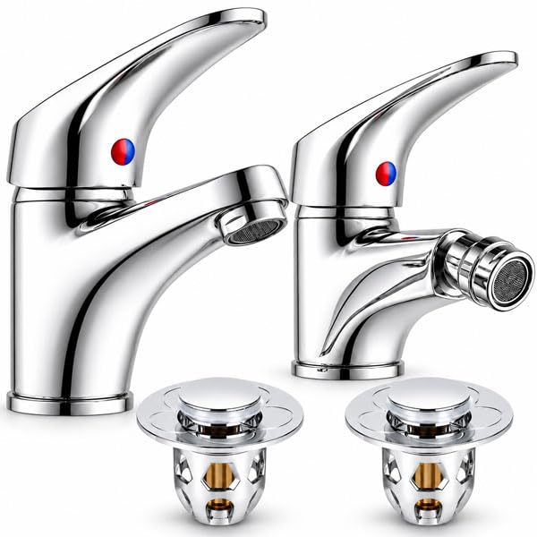 081 Store - Set 2 Rubinetti Bagno per Lavabo e Bidet con 2 Tappi Lavandino Bagno Click Clack, Miscelatori Monocomando in Ottone Cromato con Flessibili Inclusi