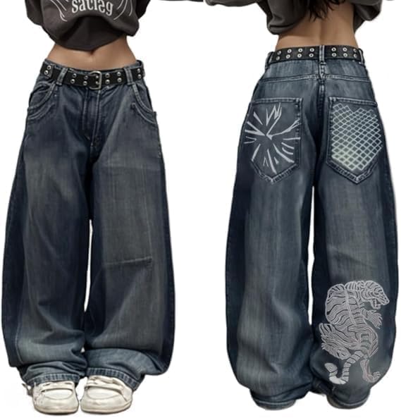 Baggy Jeans Y2k Goth Pants Women Men Hip Hop Street Jeans with Skeleton Print Vintage High Waist Denim Wide Leg Pants Wear