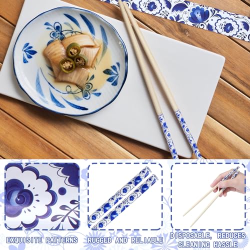 Image of 50 Pairs Blue and White Disposable Bamboo Chopsticks Bulk Sleeved | Cherry Blue and White for Wedding Favors, Asian Takeout, Picnic Party, Catering Restaurant Supply, Paper Wrapped Sleeves
