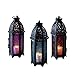 Lights4fun, Inc. Trio of Black Metal Moroccan Indoor Battery Operated LED Flameless Candle Lanterns with Colored Glass