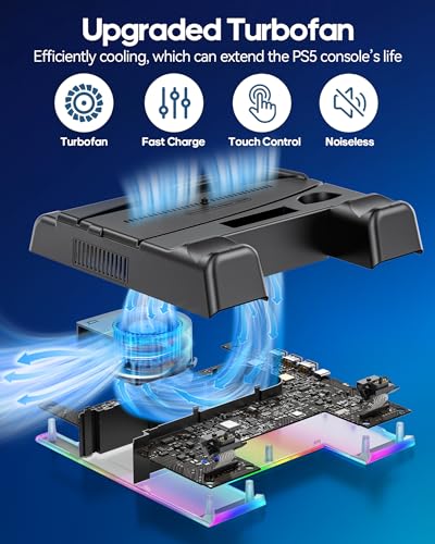 Image of PS5 /Slim /Pro Stand and Cooling Station with LED Controller Charging Station for PlayStation 5 Console, Controller Charger, Cooling Stand, PS5 /Slim /Pro Accessories Kit with 3 Level Cooling Fan - Black
