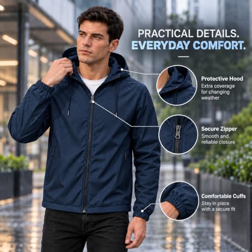 Image of MIA FASHION Men's Hooded Waterproof Rain Jacket Lightweight Wind Resistant Jacket with Zipper Pockets for Bike Riding, Travel & Outdoor Use