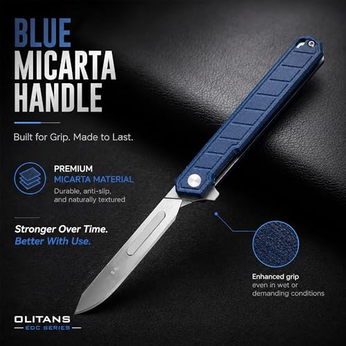 Image of OLITANS G046 Mecha Mini Slim Folding Scalpel with 5pcs #24 and 5pcs #60 G10 Handle with Liner Lock, Utility EDC Pocket Knife with Back Clip(Blue)