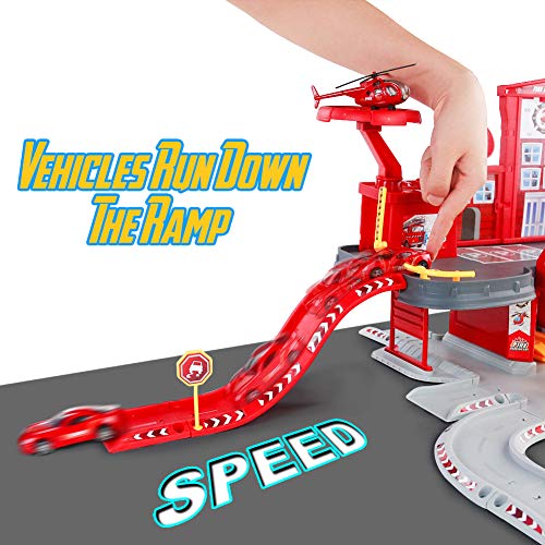 Fajiabao Fire Trucks Toy Garage Playset Race Track Cars Airplane Fireman Learning Toy Vehicle Indoor Party Games Family Assembly Parking Lot Station with Siren Lights Sounds for Kids - Thumbnail 7