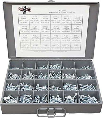 Unslotted Hex Washer Head Sheet Metal Self Drilling Tek Screw Assortment Kit - 1466 Pieces!