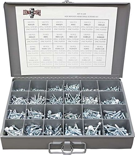 Unslotted Hex Washer Head Sheet Metal Self Drilling Tek Screw Assortment Kit - 1466 Pieces! #TOP3