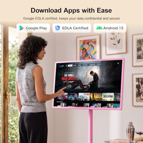 Image of 32 inch Portable Smart TV with Android 15, 1080P Touch Screen Monitor on Wheels, EDLA-Certified, 8GB+128GB Storage, 5MP Camera, 10H Playing Time, Rotatable Display, Wireless Casting, Voice Remote Control