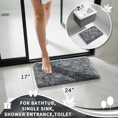 Image of Yimobra Chenille Bathroom Rugs Non Slip, Extra Thick Soft Absorbent Bath Rug, Machine Washable Quick Dry Bath Mat for Bathroom Floor, Tub and Shower, Home Decor Accessories, 24x17, Silver