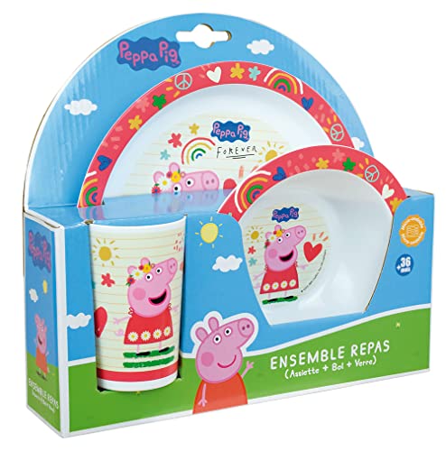 Fun House 006105 PEPPA PIG ENSEMBLE REPAS COMPOSE D UNE ASSIETTE PLATE Ø 22 CM, D UNE ASSIETTE CREUSE Ø 16 CM ET D UN VERRE 220 ML POUR ENFANT