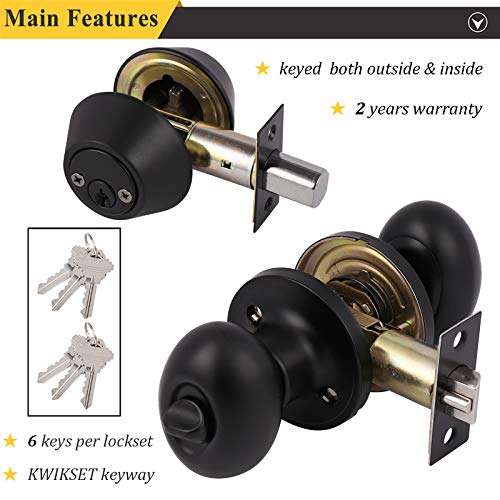 Probrico Entry Door Knobs With Double Cylinder Deadbolt Matte Black Oval Egg Shape Exterior Front Door Handleset Keyed Alike 6 Same Keys Per Set For Office Entrance Door Lock Set,1Pack #TOP3