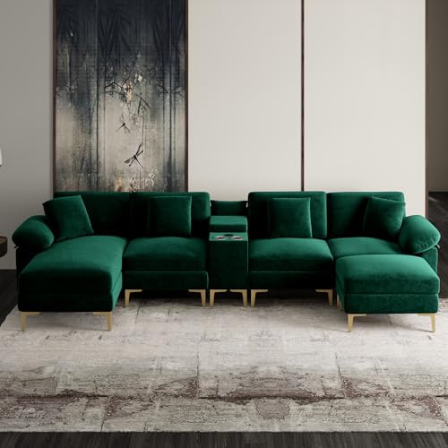 Image of OUYESSIR U-Shaped Sectional Sofa Couch, 4 Seat Sofa Set for Living Room, Convertible U-Shaped Velvet Couch Set with USB Port Central Console Ottoman,128 inches (Emerald Green)