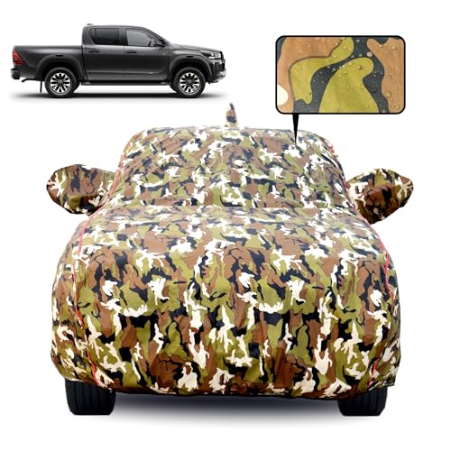 Image of Waterproof Car Body Cover for Toyota Hilux with Mirror Pocket, Soft Cotton Lining, Triple Stitched, Full Bottom Elastic (Heat Resistant Jungle Print with Red Piping)