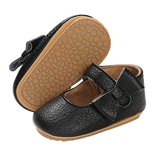 FEAMODAL Infant Baby Girls Mary Jane Flat Princess Shoes Non-Slip Soft Rubber Sole Toddler First Walking Sneaker Dress Shoes(02 Black, 12-18Months)