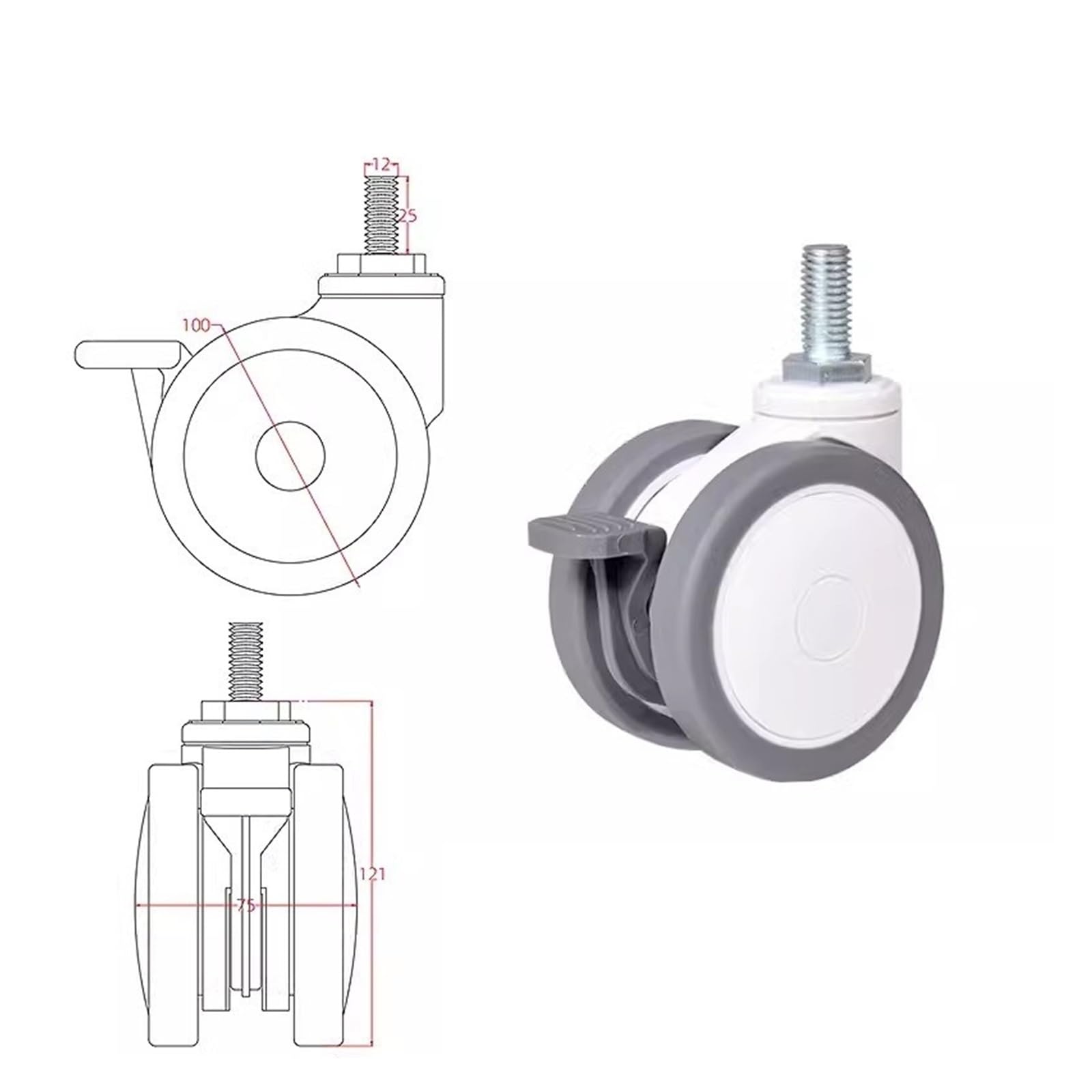 5 Pieces/Batch casters 4 inches for Equipment Silent casters Swivel Wheels/Laser Beauty Instrument Wheels/Screws with Brake Wheels(M12 X 25 Brake)