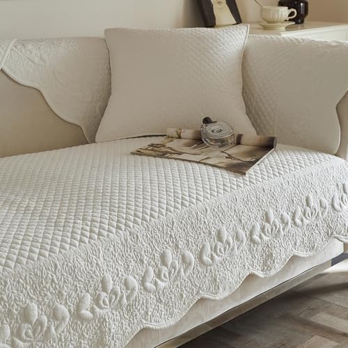 vctops White Cotton Quilted Embroidered Couch Cover Shabby Chic Sofa Cover Non-Slip Soft Sofa Slipcover Washable Furniture Protector (White,36