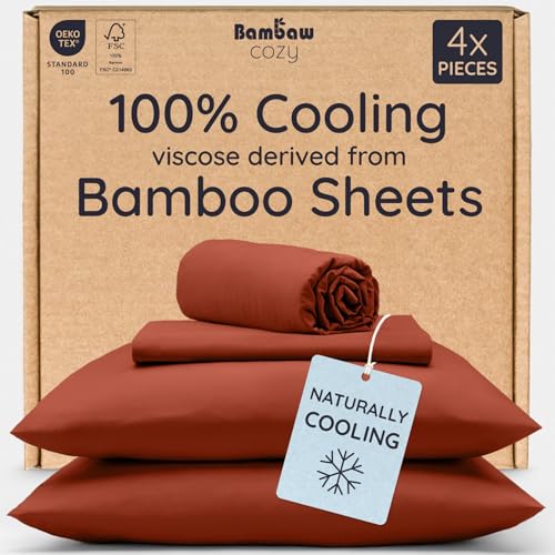 Bambaw 100% Viscose Derived from Bamboo Sheets Queen Size Set 4pcs Cooling Sheets Queen Luxury Bedding Soft & Breathable Deep Pocket Fits Up to 16 Mattresses (Terracotta)