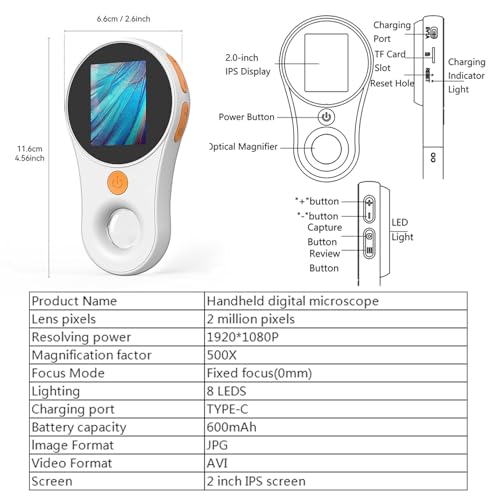 Image of Handheld Dermatoscope Skin Analyzer Machine, Wireless Portable Digital Microscope with 1080P IPS Screen 8 LEDs, 500X Magnifier, for Scalp /Hair Trichomes Facial Skin Dermatoscope