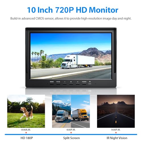 Image of ZEROXCLUB 10 inch HD Backup Camera System Kit, Loop Recording Large Monitor with Wired Rear View Camera, IR Night Vision Waterproof Camera with Safe Parking Lines for Bus, Semi-Truck, Trailer, RV, BY102A