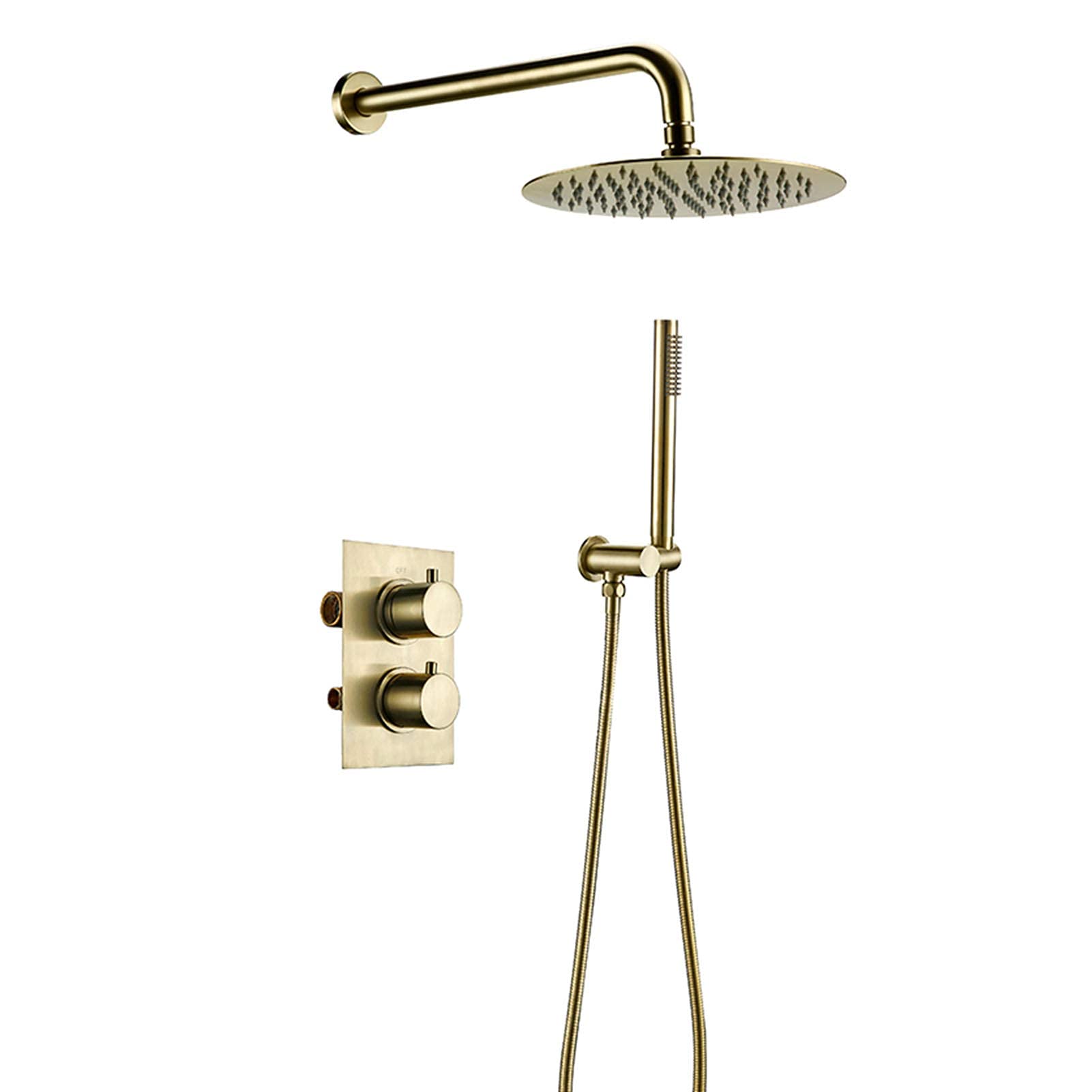 DFGHNBVC Thermostatic Shower System, Round Rain Shower Head And Handheld Shower Set, Rain Mixer Shower Combo Set, Wall Mounted Shower Faucet Set Brushed Gold,10Inch