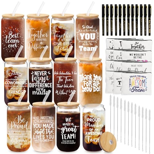 12 Set Employee Appreciation Gifts Thank You Gifts Bulk for Coworker Staff Teacher Nurses, Thank You Glass Cups 16 oz Can Shaped Beer Glass Makeup Bag Ballpoint Pen for Women Men (Mixed Style)