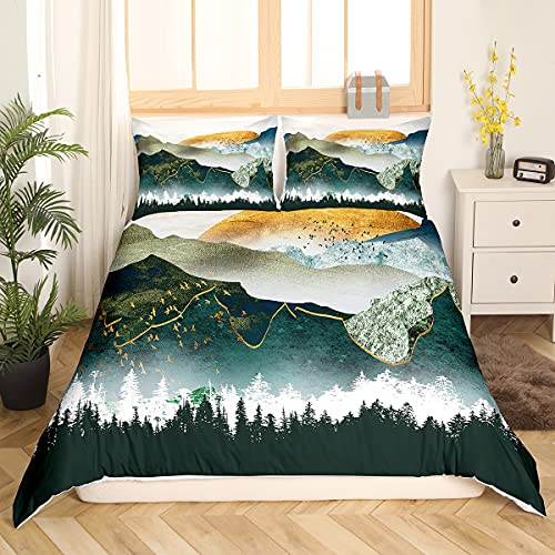 Loussiesd Japanese Style Ukiyoe Bedding Set Mountains Forest Print Duvet Cover Girls Teens Japanese Sunset Exotic Style Bedclothes King for Teens Women Adults with 2 Pillowcase