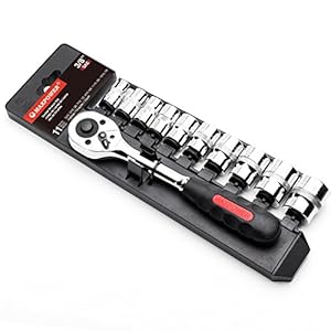 MAXPOWER 11-Piece 3/8″ Ratcheting Socket Wrench Set Quick Release Reversible Ratchet Handle and Swappable Spanners Imperial Inch Sockets with Hanging Rack