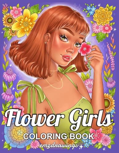 Flower Girls: Coloring Book For Adults and Teens Featuring Unique Portrait Illustrations with Detailed Floral Designs for Relaxation and Stress Relief (emzdrawings coloring books) image 2
