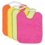 Pack 4 Baberos Bebé Impermeables con Goma Elástica - Rizo de Algodón Suave y Absorbente - Forro de Vinilo - Fácil Lavado y Secado - Ideal Guardería y Bebés + 12 meses