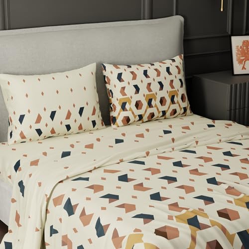 Image of BLISSHOME SoftTouch 150TC Cotton King Size Printed Bedsheet with 2 Pillow Covers for Double Bed, Silky Smooth Bedding Set, Breathable, Easy Maintain, Geometric Pattern - Beige (228cm X 274cm)