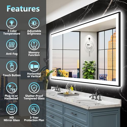 Image of 72x40 Black Framed LED Bathroom Mirror with Lights, Backlit and Front Lit Anti-Fog Lighted Vanity Mirrors for Bathroom Wall, Dimmable, 3 Colors, Memory, HD Tempered Glass, Horizontal /Vertical