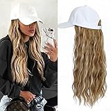 Yunkang Baseball Cap Wig Long Natural Wavy Hair Extensions With White Hat Heat Resistant Synthetic Fiber Hairpieces Adjustable Wig for Women Girls (W-M Blonde honey blonde)