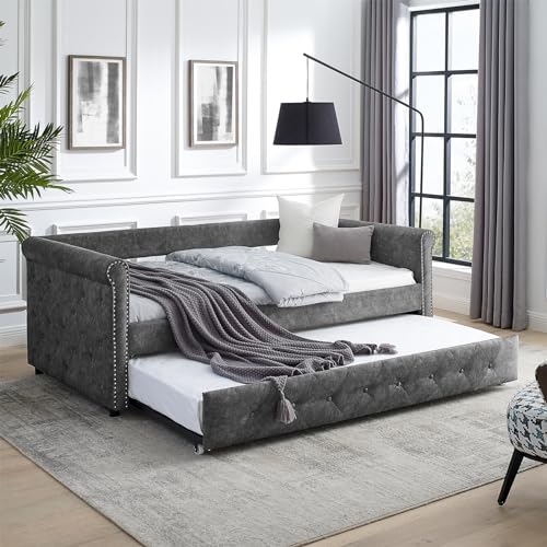 Antetek Daybed with Trundle, Fabric Upholstered Twin Size Button-Tufted Sofa Daybed Frame w/Twin Roll-Out Trundle, No Box Spring Needed, Furniture for Bedroom, Living Room, Guest Room, Grey - Thumbnail 3