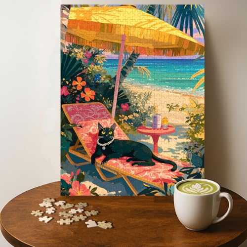Black CAT Beach Animal Jigsaw Puzzle - 500 Pieces Wooden Puzzle for Adults, Wall Art Gift, Finished Size: 20 x 15 Inch
