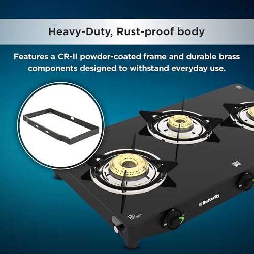 Image of Butterfly Bleu Ray 3 Burner Glass Top Gas Stove | Removable Drip Tray | Brass Burner Gas Stove with Tri‑Flow Jumbo Burner