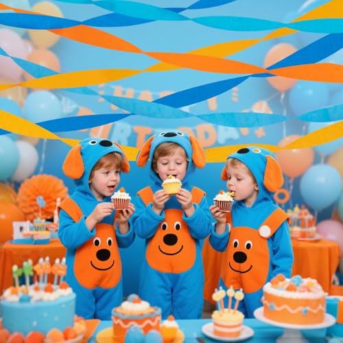 Image of Riqiaqia Crepe Paper Streamers Party Decorations, Blue and Orange Party Decorations, 8 Rolls of Blue, Orange Party Streamers for Blue Dog Birthday Party Supplies