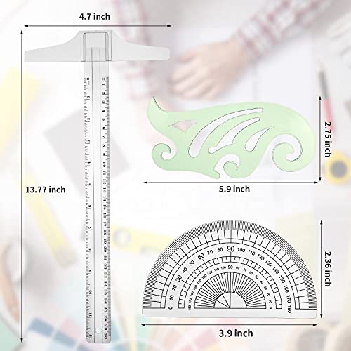 5 Pieces Drafting Tools Plastic Transparent Rulers Drawing Ruler 12 Inch T-Square 180 Degree Protractor, 2 Triangles And A French Curve For Students And Engineering Drawing #TOP1