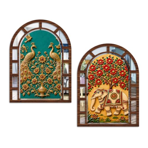 Image of Artvibes Peacock Pair & Decorative Elephant Theme Home Wall Decor | Jharokha Mirror Wall Hanging for Living Room, Hall, Bedroom, Lobby, Dining Area & Entrance | Gift (WH 12022N), Set of 2