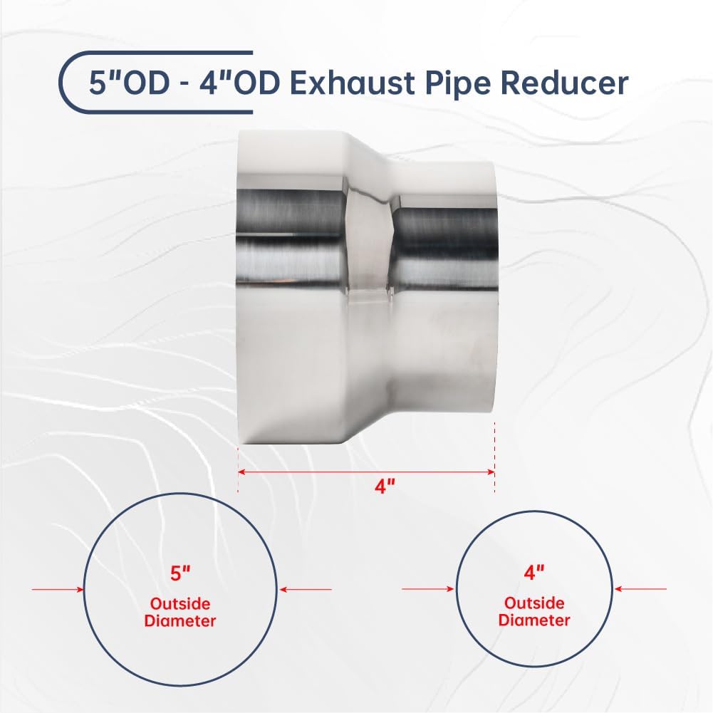 OD 4 Inch to OD 5 Inch Exhaust Pipe to Component Pipe Adapter Reducer 4" OD to 5" OD Polished Stainless Steel 4" Overall Length