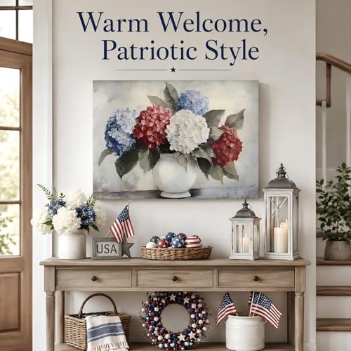 Image of RIBNTAK Patriotic Hydrangea Wall Art USA Red White Blue Flower Vase Print Pictures Wall Decor Canvas Painting Artwork Decorations for Bedroom Bathroom Kitchen Living Room,Made in USA