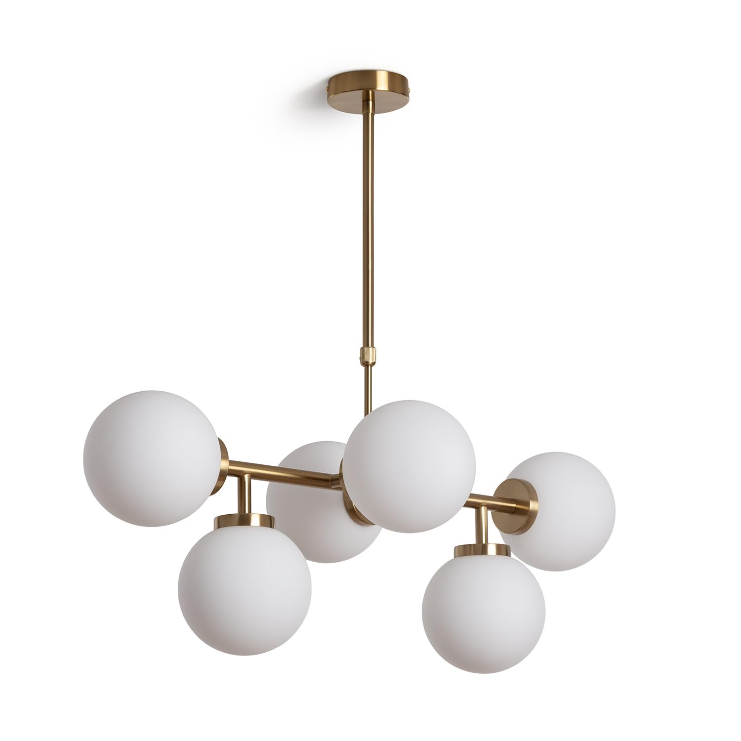 LEDKIA LIGHTING - Lampada a Sospensione Metallo e Vetro Lautrec | Design Moderno ed Elegante | Regolabile in Altezza | 6 Paralumi Sferici | Lampadina E27, Oro
