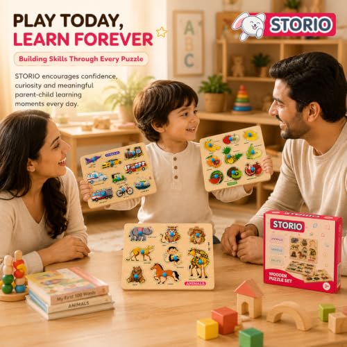 Image of Storio Wooden Puzzle Combo Set for Kids, Vehicle Fruit & Animal Knob Puzzles, Montessori Educational Learning Toy, Fine Motor Skill Wooden Board for Toddlers Boys Girls Age 2+ Years