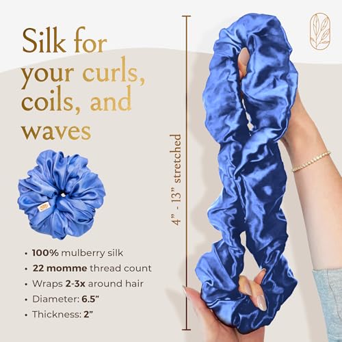 Image of Silk Scrunchies for Women Ponytail Holders - Oversized Mulberry Silk Scrunchies - Extra Large No Damage Hair Ties for Curly, Thick, and Thin - Hair Accessories for Women - Cerulean, XL By Curlfriend